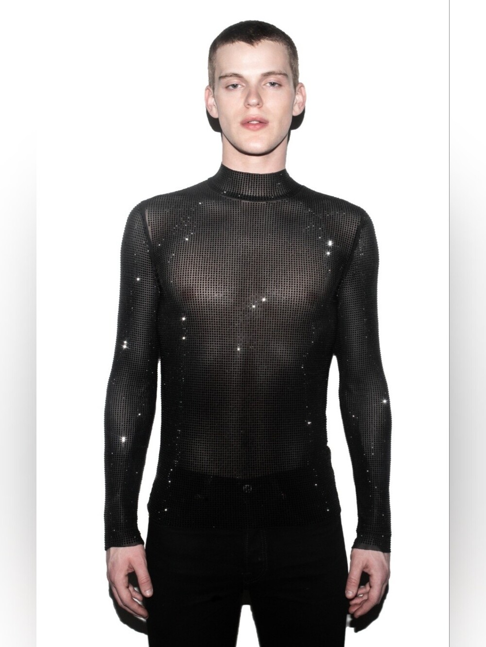 Lucas Stowe Men’s Diamond Fine Mesh Mock Neck Black Shirt